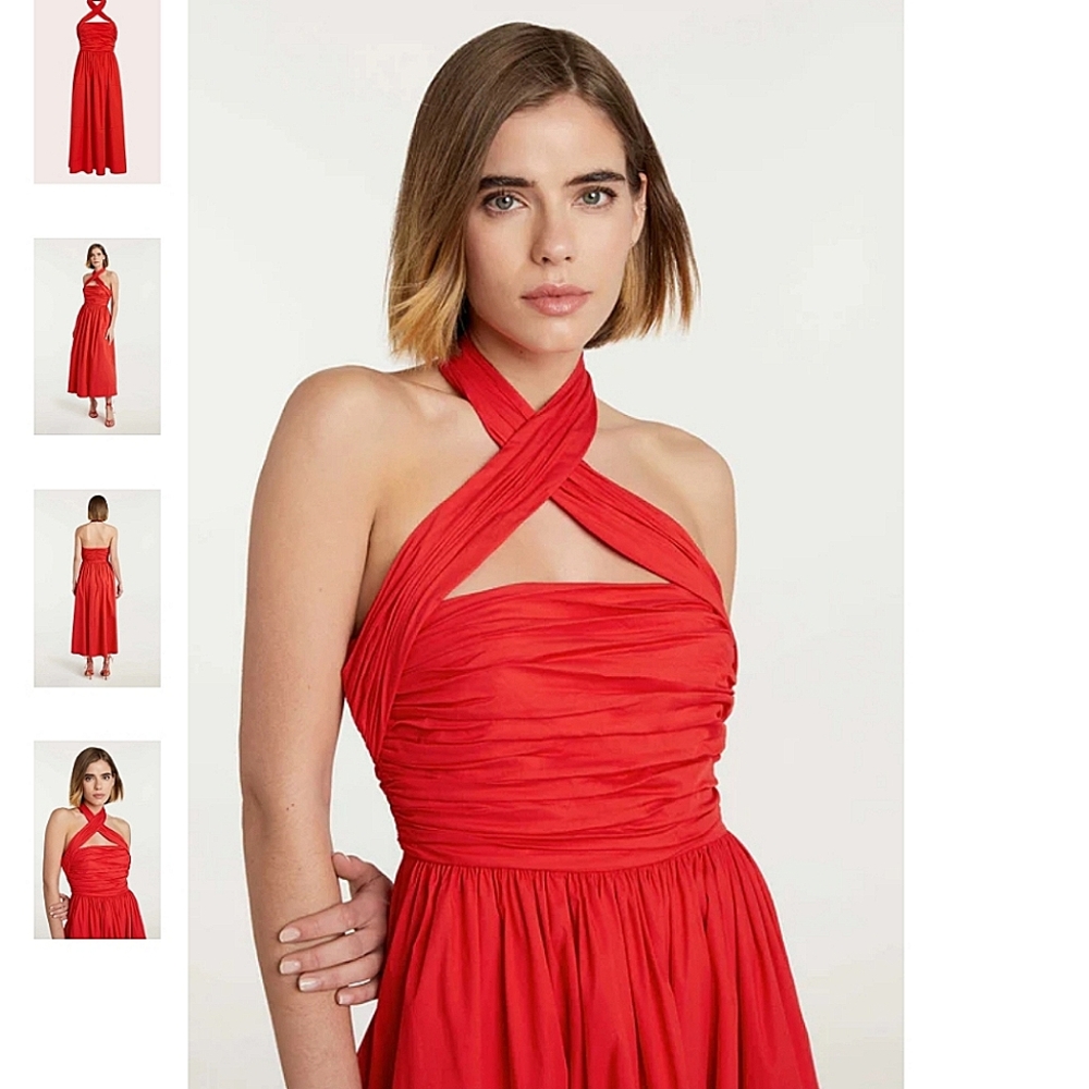 NWT$425 Cinq a Sept Taylen Halter Neck Top Bright Crimson Midi Pleated Dress 10